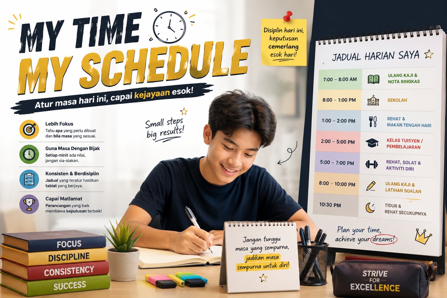 Poster My Time My Schedule AKAi: contoh jadual harian pelajar dari pagi hingga malam