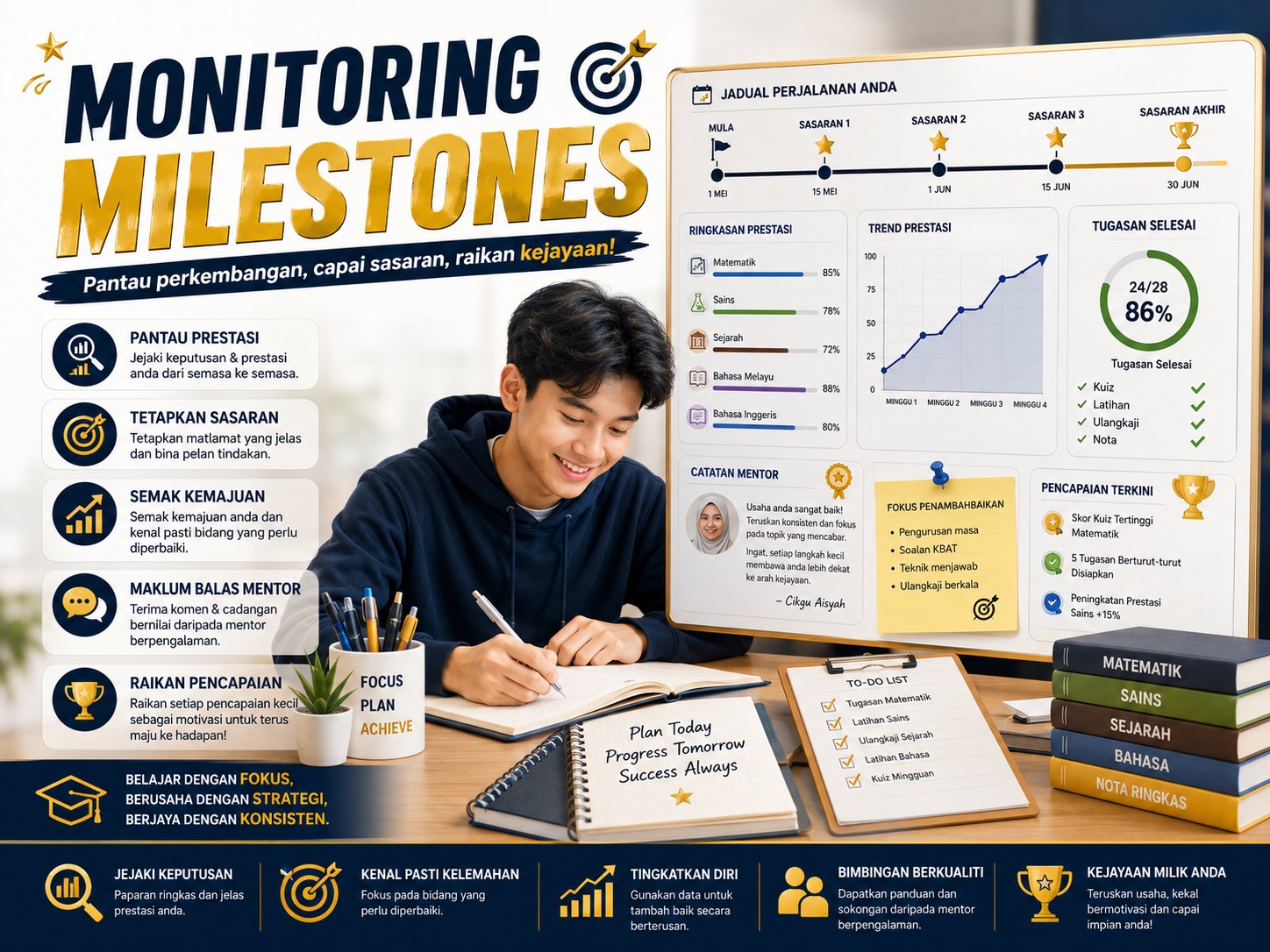 Poster Monitoring Milestones AKAi: jadual perjalanan pelajar, ringkasan prestasi setiap subjek, trend markah mingguan, catatan mentor dan pencapaian terkini